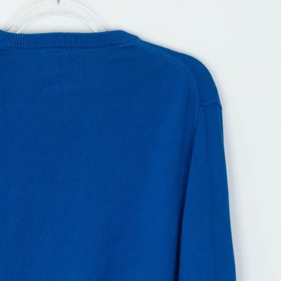 Vintage Express Mens V Neck Cotton Sweater Size L Blue Logo Preppy‎ Academia Y2K - Picture 9 of 9